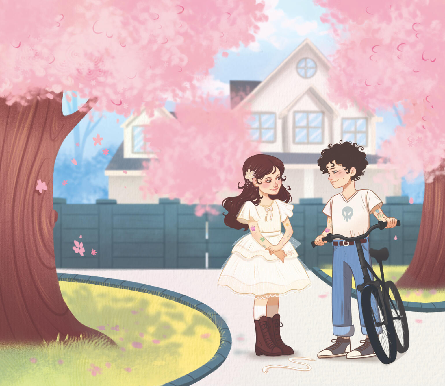 Ilustracja wyklejki do książki Out of My Reach. Childhood Friends. Tom 1 autorstwa Kamili Mikołajczyk, wykonana przez polską ilustratorkę Silvia Pizzati Art. Artystyczny rysunek w pastelowych kolorach, pokazujący młodzieżowe postacie, Ya, wydawnictwo insp